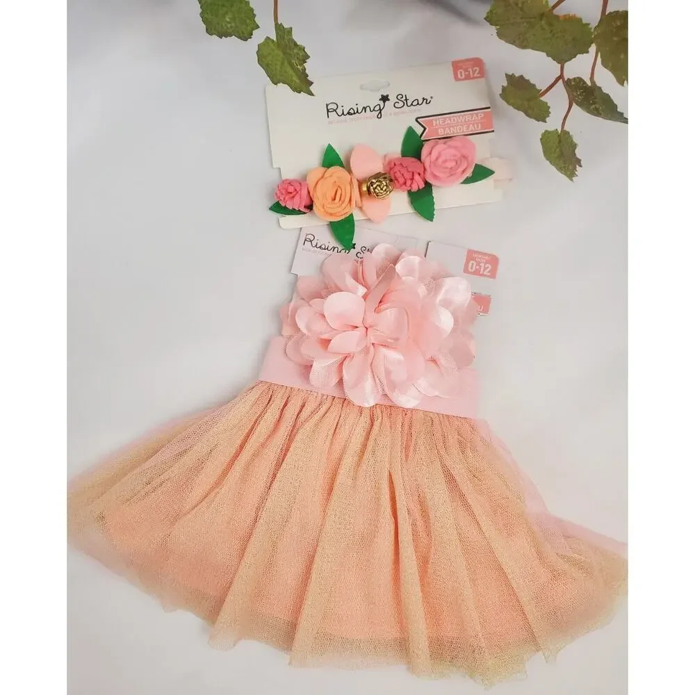 Rising Star Pink Headband Wrap Tutu Set Sz 0-12 Mth New Baby Girl Flower Newborn